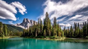 Preview wallpaper mountains, lake, spruce, forest, sky