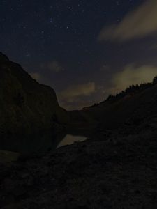 Preview wallpaper mountains, lake, starry sky, night