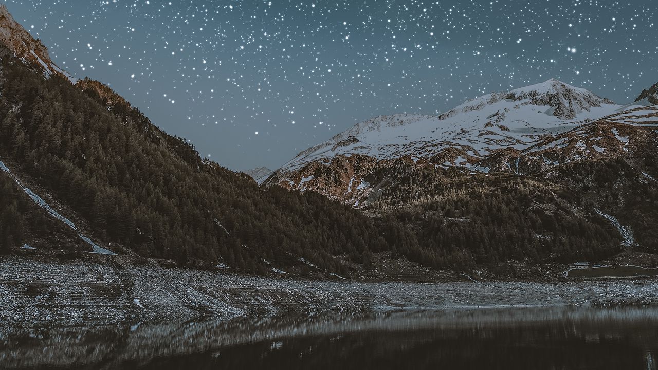 Wallpaper mountains, lake, starry sky, snowy, night