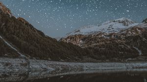 Preview wallpaper mountains, lake, starry sky, snowy, night