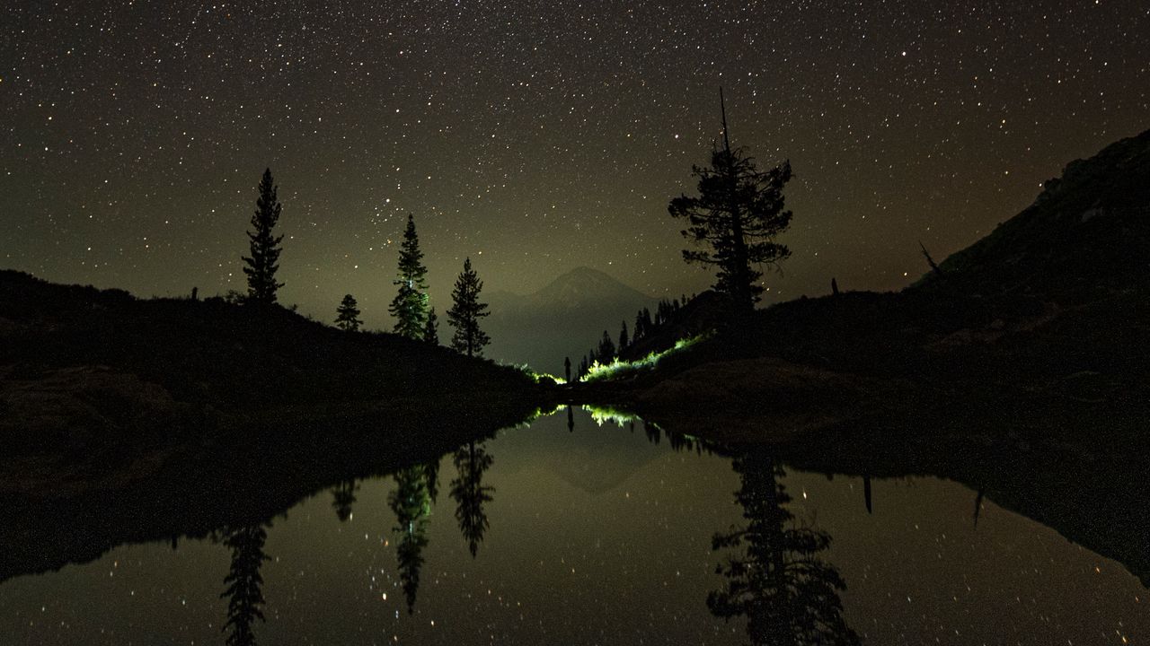 Wallpaper mountains, lake, starry sky, stars, reflection, night