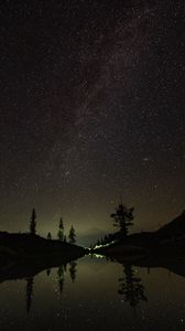 Preview wallpaper mountains, lake, starry sky, stars, reflection, night