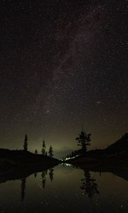 Preview wallpaper mountains, lake, starry sky, stars, reflection, night