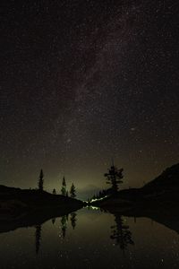 Preview wallpaper mountains, lake, starry sky, stars, reflection, night