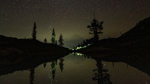 Preview wallpaper mountains, lake, starry sky, stars, reflection, night