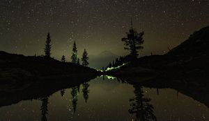 Preview wallpaper mountains, lake, starry sky, stars, reflection, night