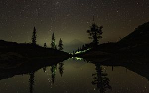 Preview wallpaper mountains, lake, starry sky, stars, reflection, night