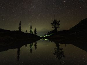 Preview wallpaper mountains, lake, starry sky, stars, reflection, night