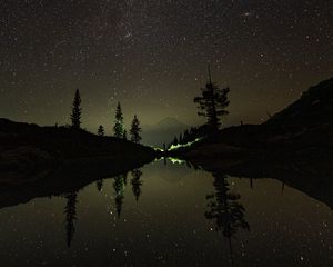 Preview wallpaper mountains, lake, starry sky, stars, reflection, night