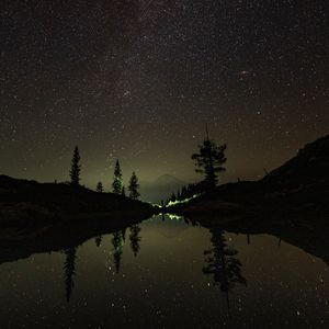 Preview wallpaper mountains, lake, starry sky, stars, reflection, night