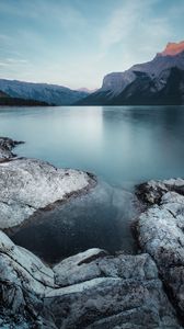 Preview wallpaper mountains, lake, stones, sky, landscape, wildlife