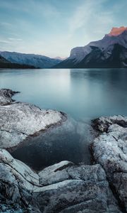 Preview wallpaper mountains, lake, stones, sky, landscape, wildlife