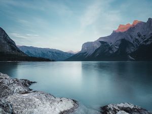 Preview wallpaper mountains, lake, stones, sky, landscape, wildlife