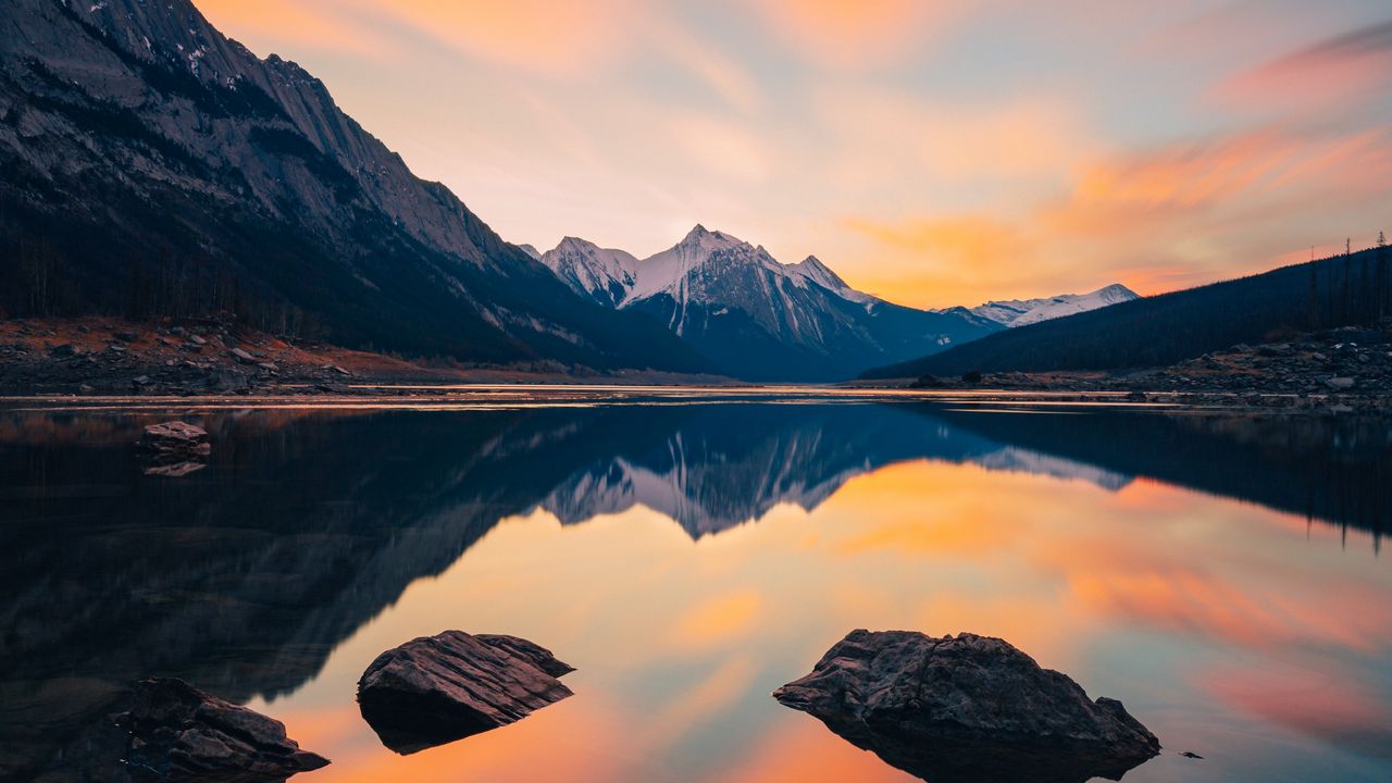 Wallpaper mountains, lake, stones, snowy, sunset