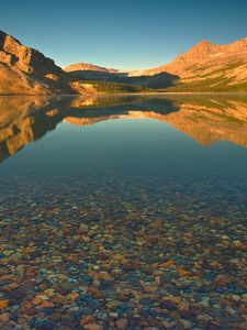 Preview wallpaper mountains, lake, stones, bottom, water, transparent