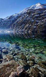 Preview wallpaper mountains, lake, stones, bottom, nature