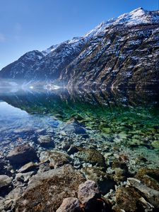Preview wallpaper mountains, lake, stones, bottom, nature