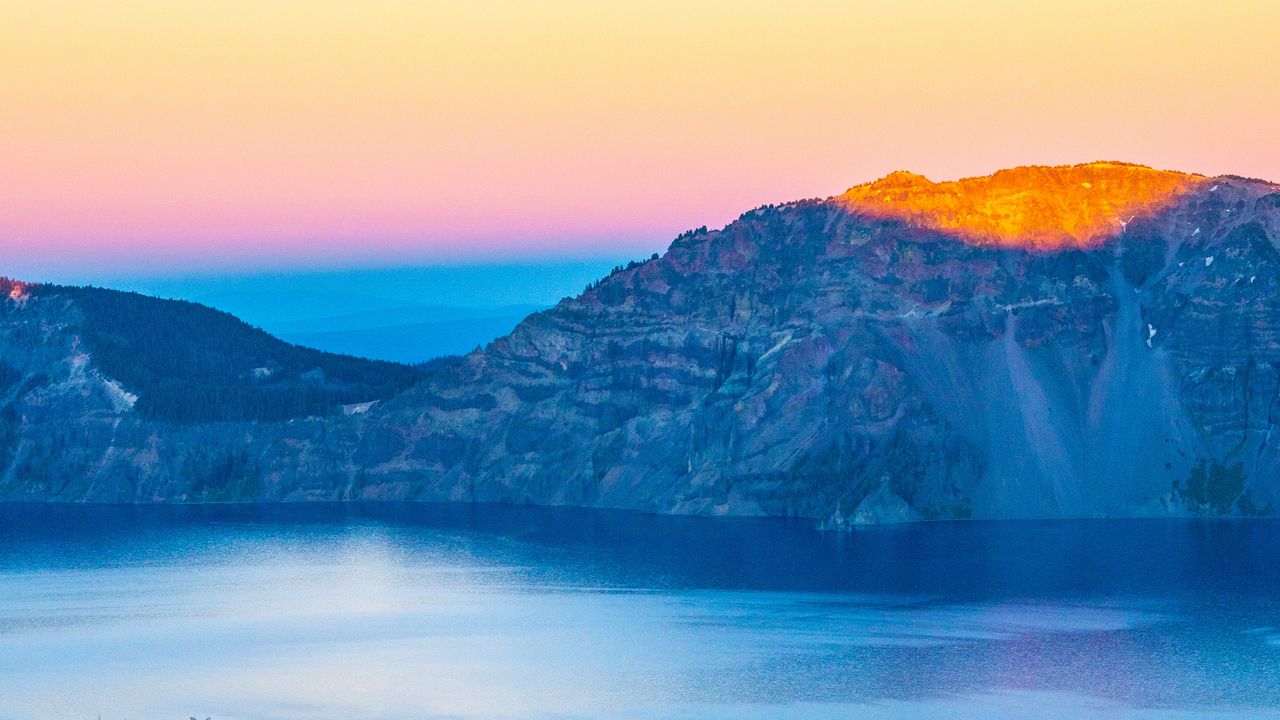 Wallpaper mountains, lake, sunset, horizon, crater lake national park, united states