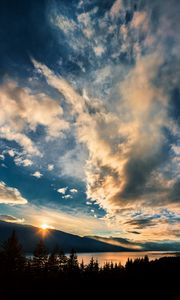 Preview wallpaper mountains, lake, sunset, horizon, clouds, trees, landscape