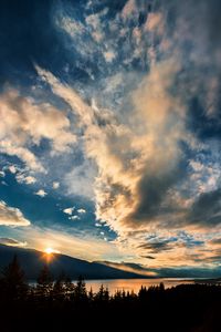 Preview wallpaper mountains, lake, sunset, horizon, clouds, trees, landscape