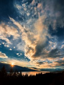 Preview wallpaper mountains, lake, sunset, horizon, clouds, trees, landscape