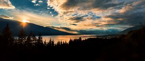 Preview wallpaper mountains, lake, sunset, horizon, clouds, trees, landscape