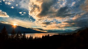 Preview wallpaper mountains, lake, sunset, horizon, clouds, trees, landscape