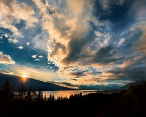 Preview wallpaper mountains, lake, sunset, horizon, clouds, trees, landscape