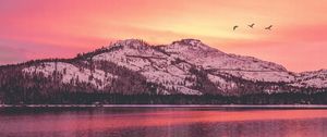 Preview wallpaper mountains, lake, sunset, horizon, birds