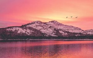 Preview wallpaper mountains, lake, sunset, horizon, birds