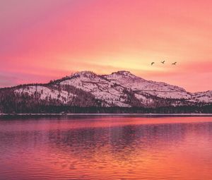 Preview wallpaper mountains, lake, sunset, horizon, birds