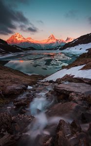 Preview wallpaper mountains, lake, sunset, evening, ice, landscape, switzerland