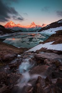 Preview wallpaper mountains, lake, sunset, evening, ice, landscape, switzerland