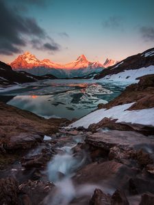 Preview wallpaper mountains, lake, sunset, evening, ice, landscape, switzerland