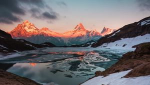 Preview wallpaper mountains, lake, sunset, evening, ice, landscape, switzerland