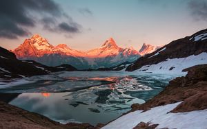 Preview wallpaper mountains, lake, sunset, evening, ice, landscape, switzerland
