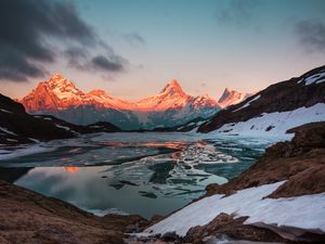 Preview wallpaper mountains, lake, sunset, evening, ice, landscape, switzerland