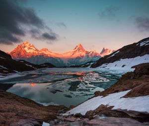 Preview wallpaper mountains, lake, sunset, evening, ice, landscape, switzerland