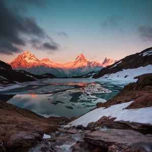 Preview wallpaper mountains, lake, sunset, evening, ice, landscape, switzerland