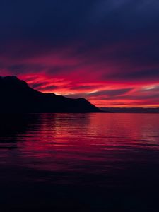 Preview wallpaper mountains, lake, sunset, horizon, sky, switzerland