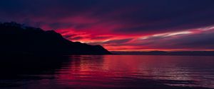 Preview wallpaper mountains, lake, sunset, horizon, sky, switzerland