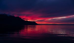 Preview wallpaper mountains, lake, sunset, horizon, sky, switzerland