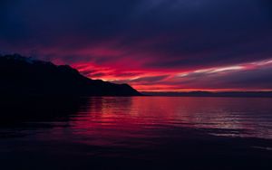 Preview wallpaper mountains, lake, sunset, horizon, sky, switzerland