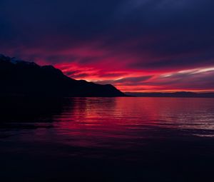 Preview wallpaper mountains, lake, sunset, horizon, sky, switzerland