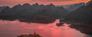 Preview wallpaper mountains, lake, sunset, aerial view, sky, peaks