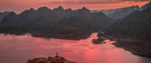 Preview wallpaper mountains, lake, sunset, aerial view, sky, peaks