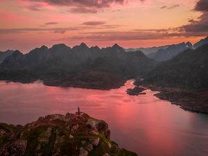 Preview wallpaper mountains, lake, sunset, aerial view, sky, peaks