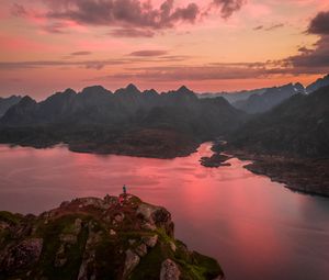 Preview wallpaper mountains, lake, sunset, aerial view, sky, peaks