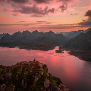 Preview wallpaper mountains, lake, sunset, aerial view, sky, peaks