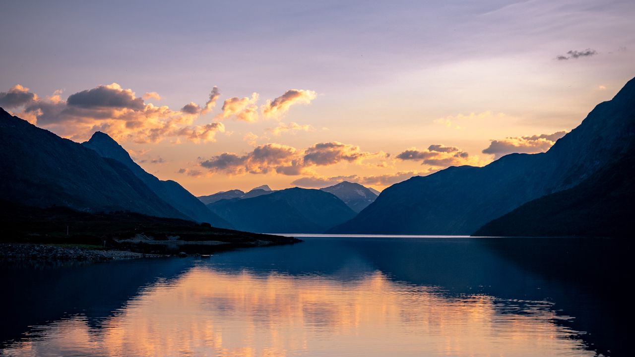Wallpaper mountains, lake, sunset, shore, horizon